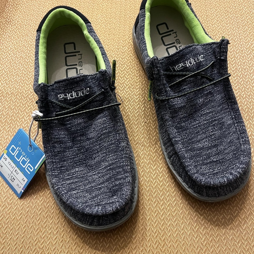 Hey Dude Men’s Slip-On Loafers in Dark Gray with Lime Green Lining